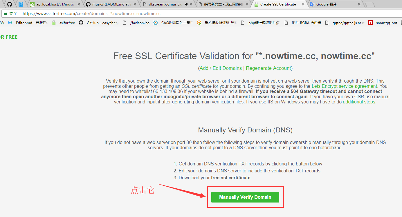 点击 Manually Verify Domain 按钮，进行 手动验证域名所有权